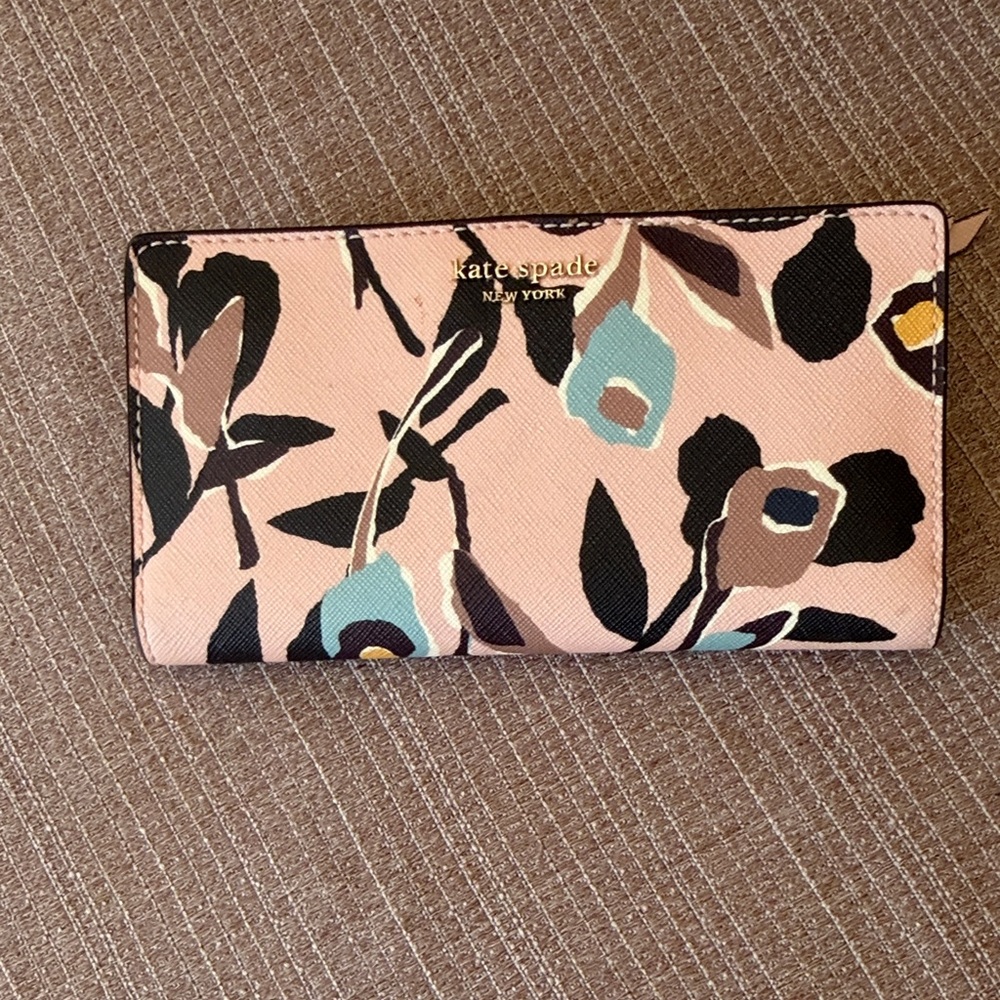 kate spade Floral Pink Zip Around Wallet with Black and Blue Accents